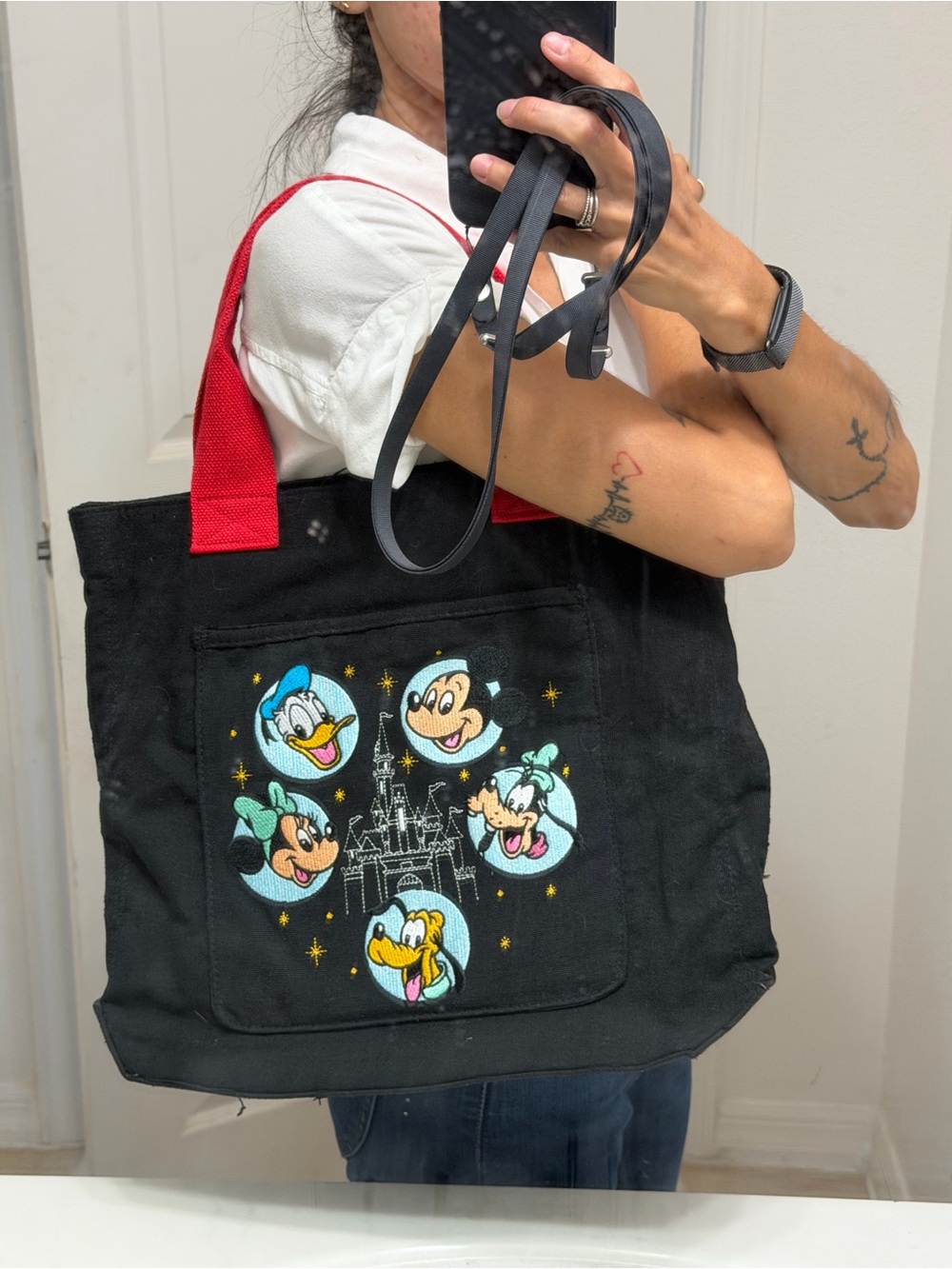Disney Black Canvas Tote Bag with Red Handles - Character Patch Front Pocket
